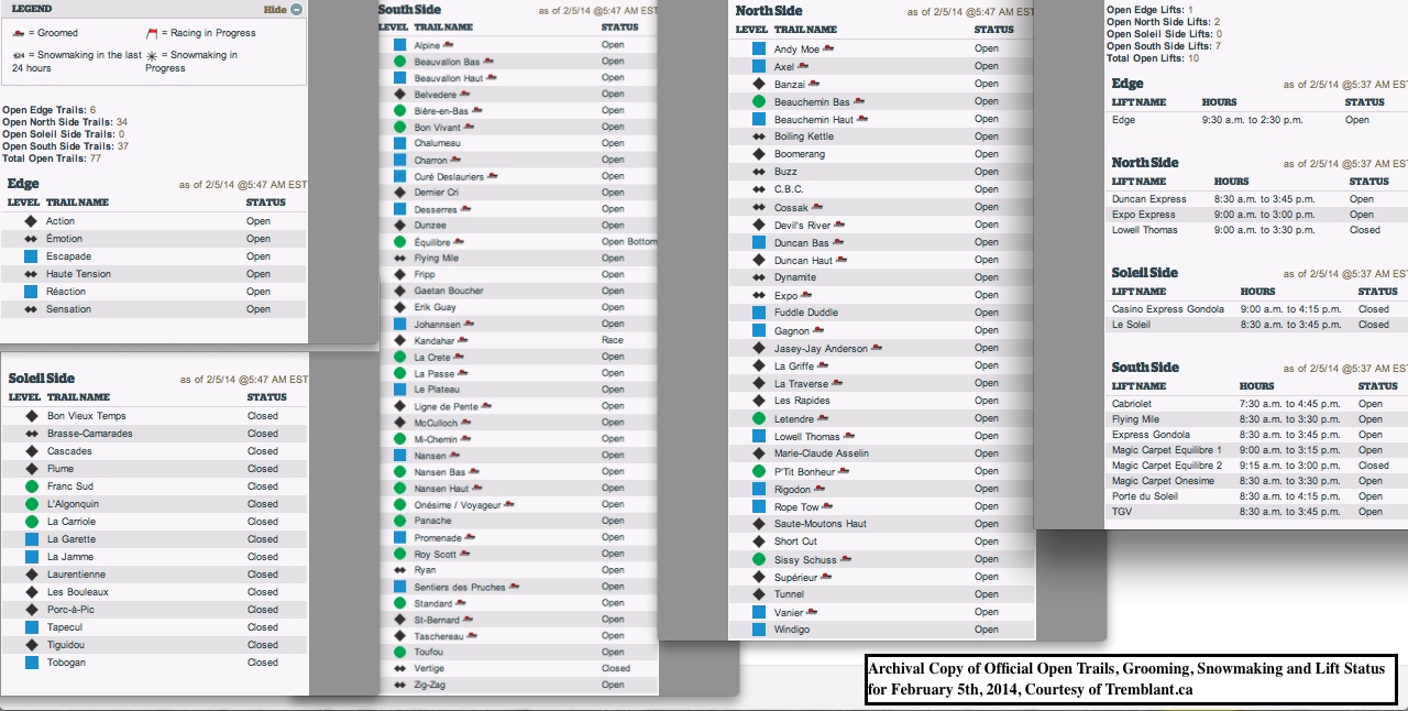 Archival Copy of Official Open Trails, Grooming, Snowmaking and Lift Status for February 5th, 2014, Courtesy of Tremblant.ca