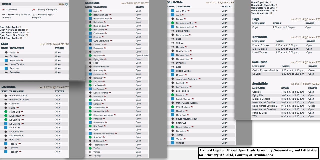 Archival Copy of Official Open Trails, Grooming, Snowmaking and Lift Status for February 7th, 2014, Courtesy of Tremblant.ca