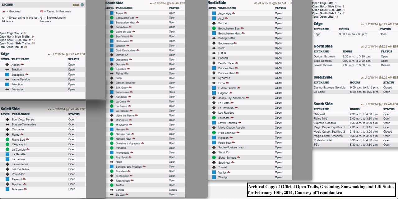 Archival Copy of Official Open Trails, Grooming, Snowmaking and Lift Status for February 10th, 2014, Courtesy of Tremblant.ca
