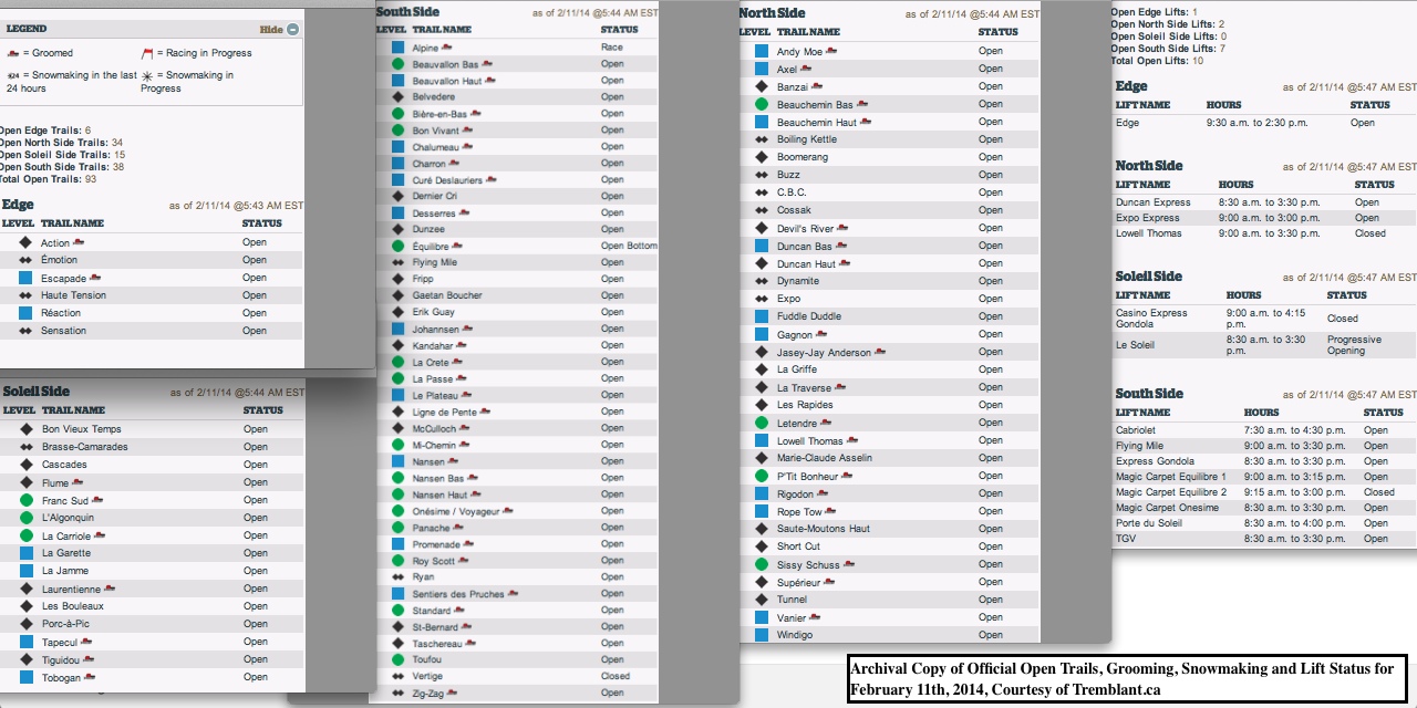 Archival Copy of Official Open Trails, Grooming, Snowmaking and Lift Status for February 11th, 2014, Courtesy of Tremblant.ca