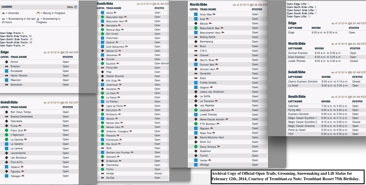 Archival Copy of Official Open Trails, Grooming, Snowmaking and Lift Status for February 12th, 2014, Courtesy of Tremblant.ca Note: Tremblant Resort 75th Birthday.