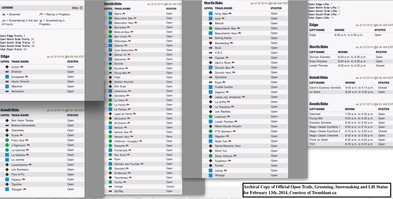 Archival Copy of Official Open Trails, Grooming, Snowmaking and Lift Status for February 13th, 2014, Courtesy of Tremblant.ca