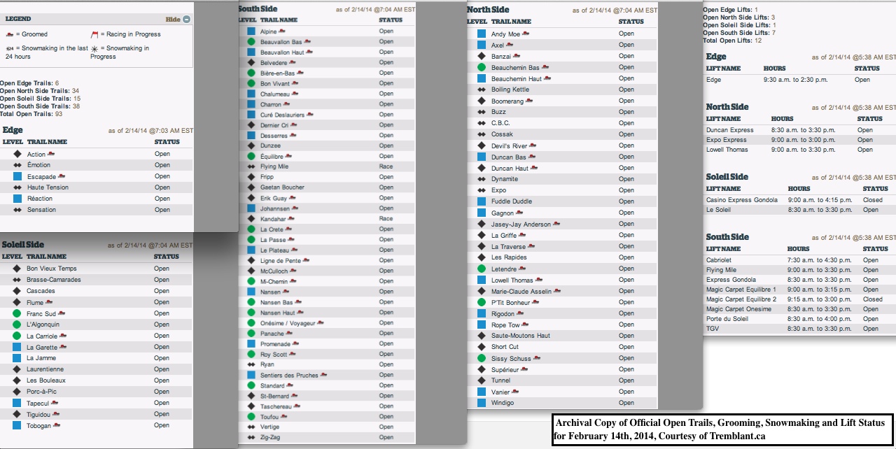 Archival Copy of Official Open Trails, Grooming, Snowmaking and Lift Status for February 14th, 2014, Courtesy of Tremblant.ca