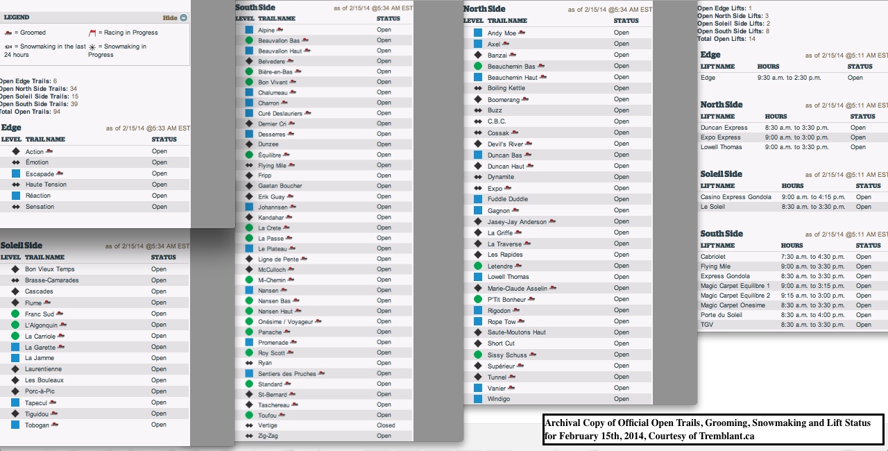 Archival Copy of Official Open Trails, Grooming, Snowmaking and Lift Status for February 15th, 2014, Courtesy of Tremblant.ca