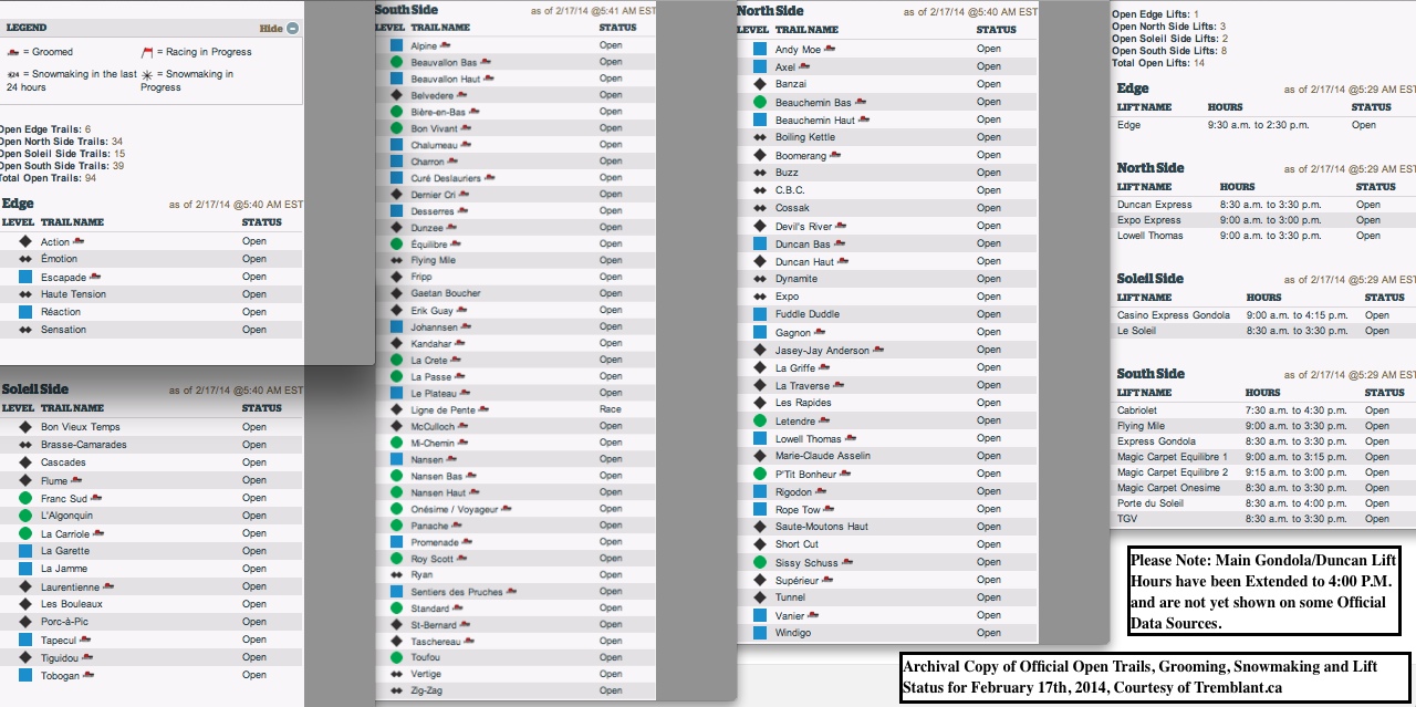 Archival Copy of Official Open Trails, Grooming, Snowmaking and Lift Status for February 17th, 2014, Courtesy of Tremblant.ca