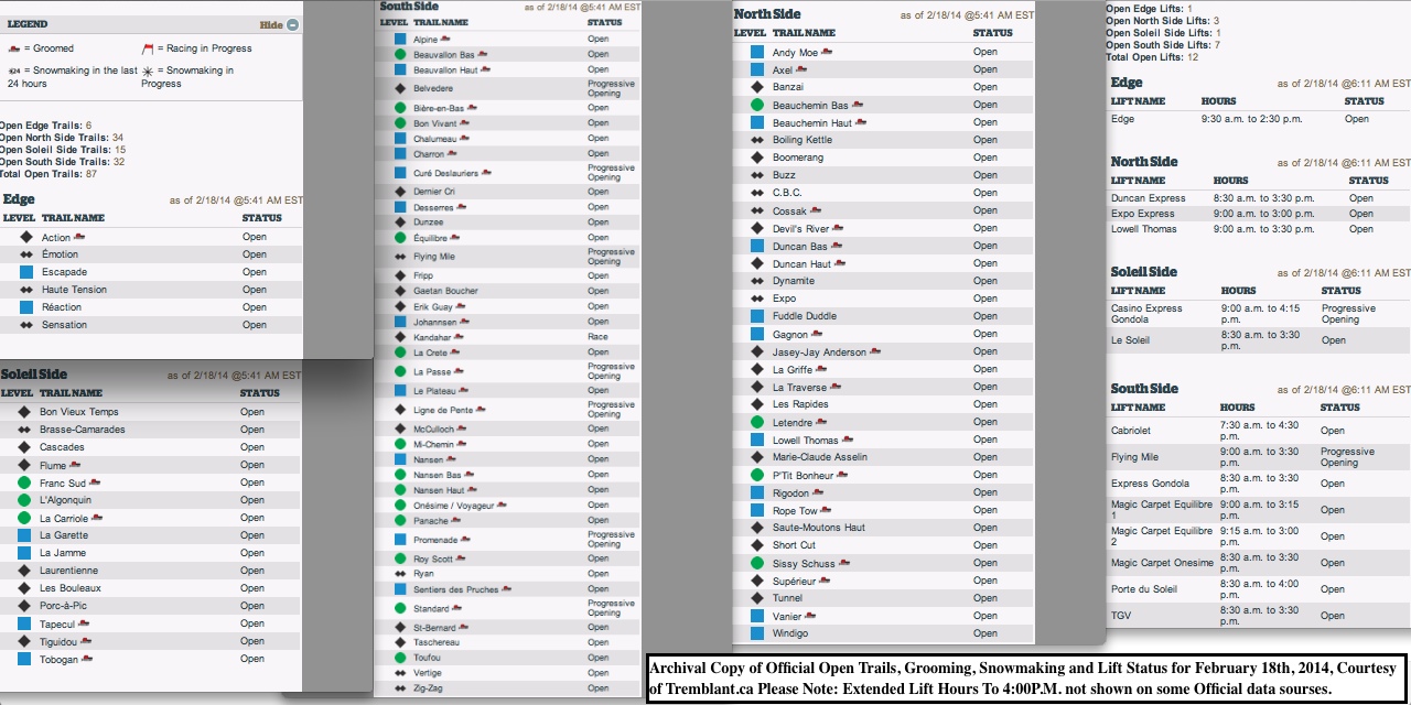 Archival Copy of Official Open Trails, Grooming, Snowmaking and Lift Status for February 18th, 2014, Courtesy of Tremblant.ca