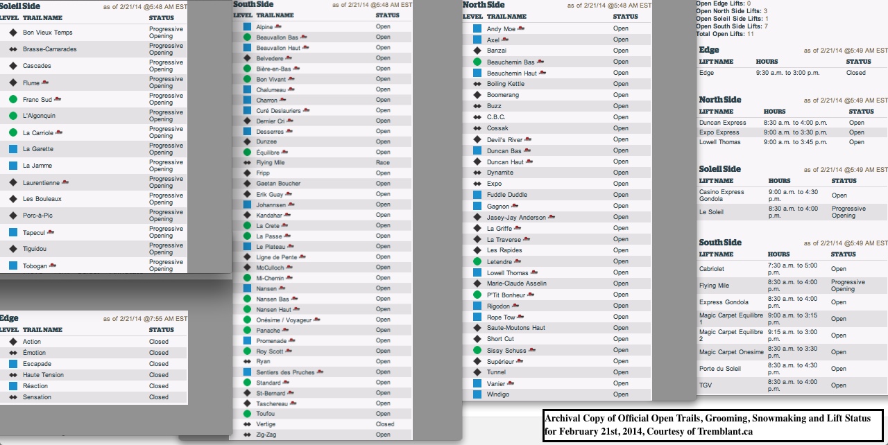 Archival Copy of Official Open Trails, Grooming, Snowmaking and Lift Status for February 21st, 2014, Courtesy of Tremblant.ca