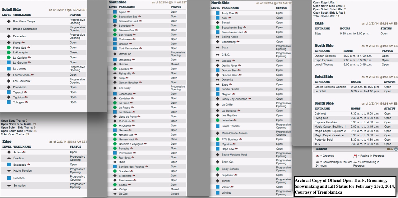 Archival Copy of Official Open Trails, Grooming, Snowmaking and Lift Status for February 23rd, 2014, Courtesy of Tremblant.ca