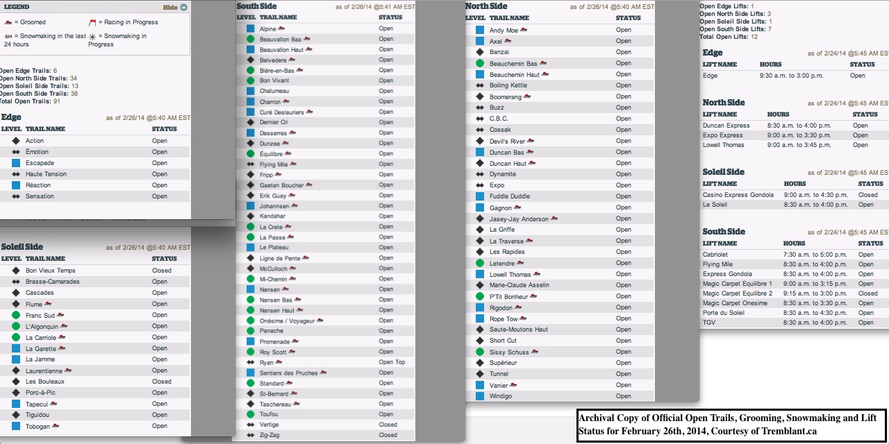 Archival Copy of Official Open Trails, Grooming, Snowmaking and Lift Status for February 26th, 2014, Courtesy of Tremblant.ca