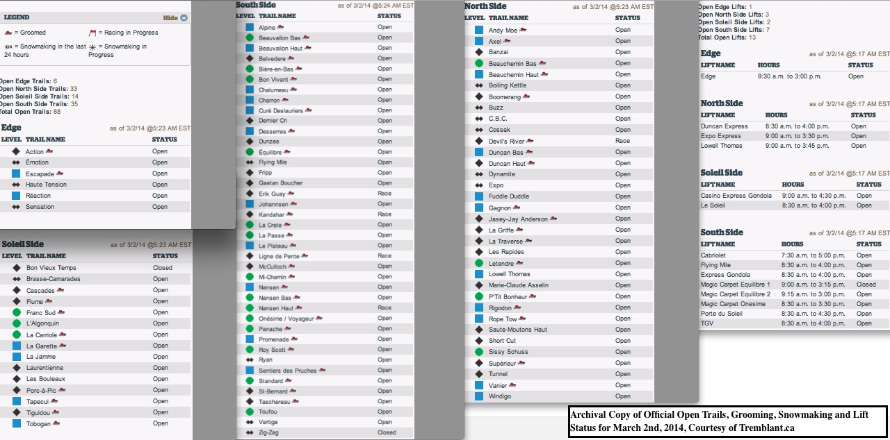Archival Copy of Official Open Trails, Grooming, Snowmaking and Lift Status for March 2nd, 2014, Courtesy of Tremblant.ca