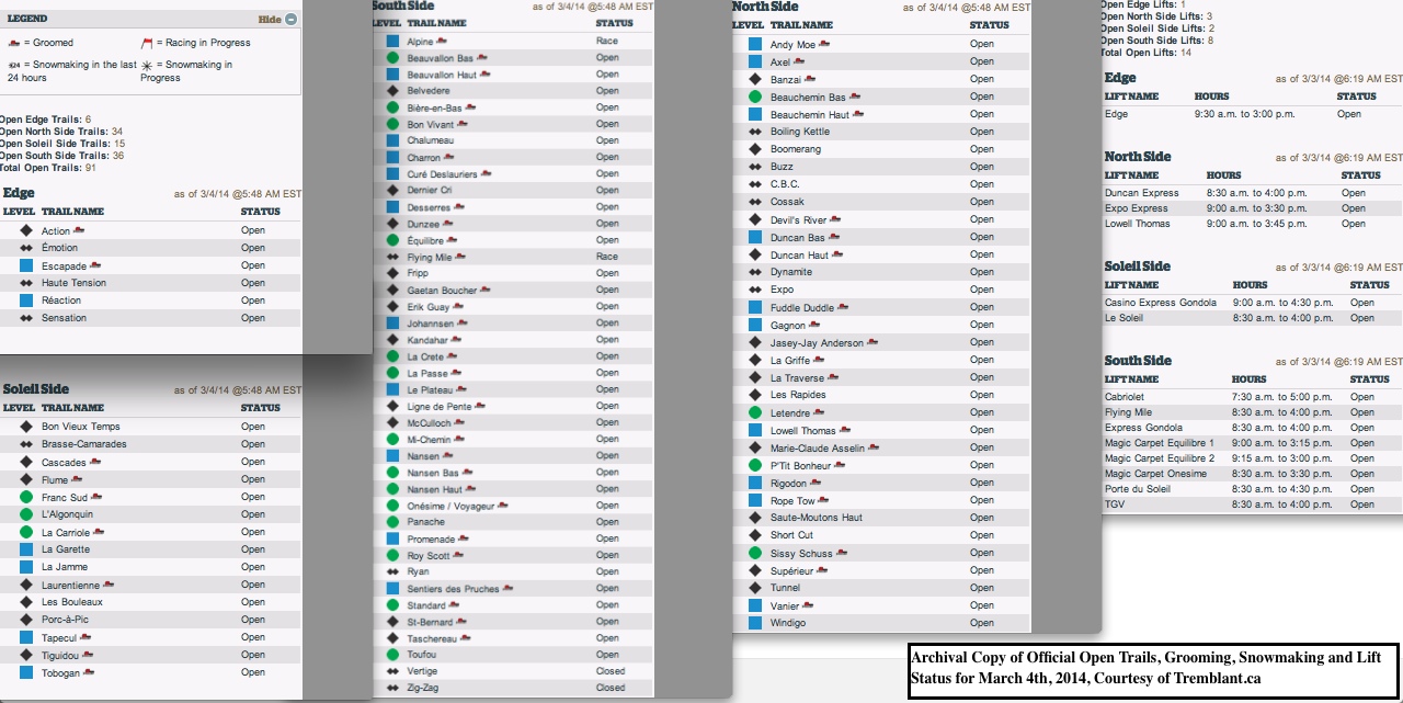 Archival Copy of Official Open Trails, Grooming, Snowmaking and Lift Status for March 4th, 2014, Courtesy of Tremblant.ca
