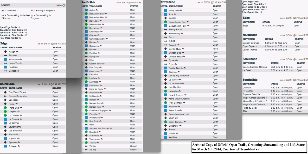 Archival Copy of Official Open Trails, Grooming, Snowmaking and Lift Status for March 6th, 2014, Courtesy of Tremblant.ca