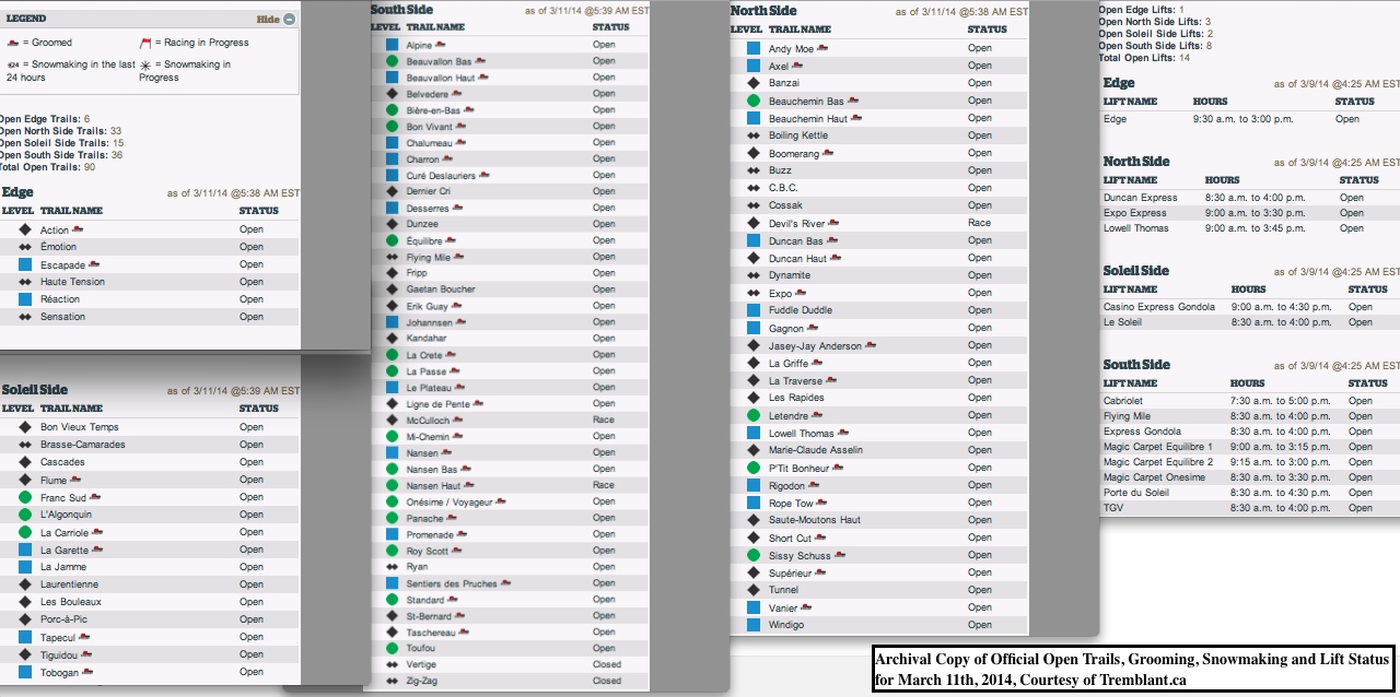 Archival Copy of Official Open Trails, Grooming, Snowmaking and Lift Status for March 11th, 2014, Courtesy of Tremblant.ca