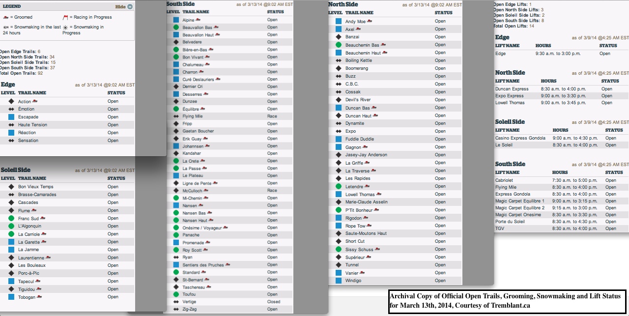 Archival Copy of Official Open Trails, Grooming, Snowmaking and Lift Status for March 13th, 2014, Courtesy of Tremblant.ca