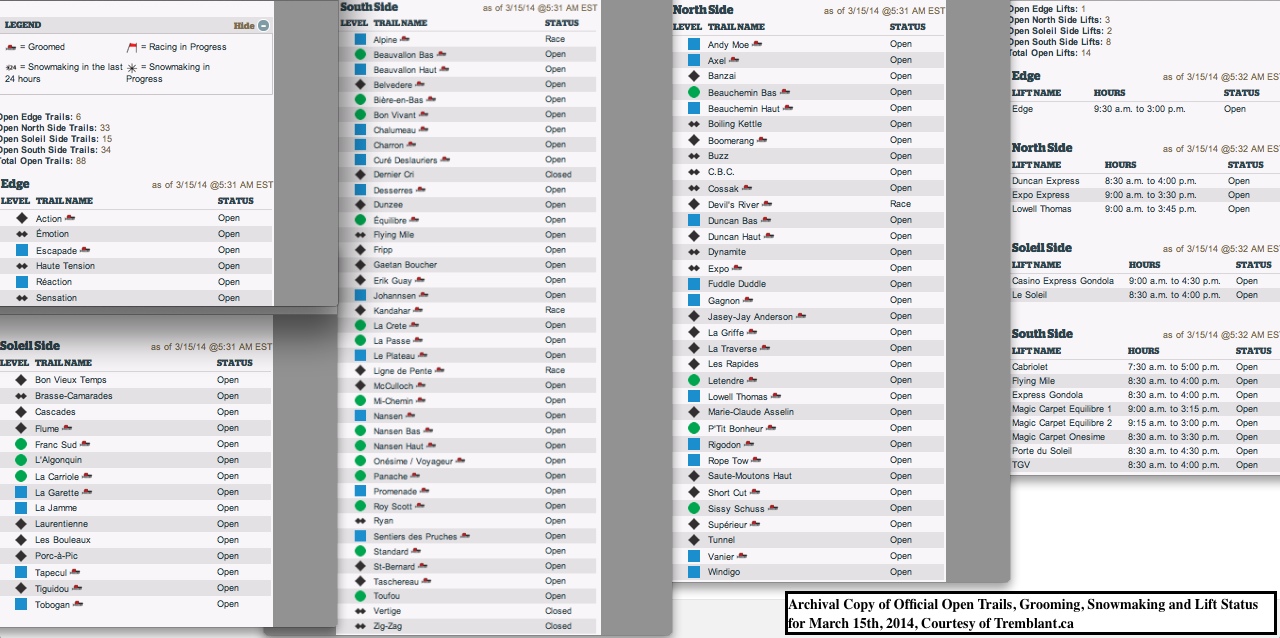 Archival Copy of Official Open Trails, Grooming, Snowmaking and Lift Status for March 15th, 2014, Courtesy of Tremblant.ca