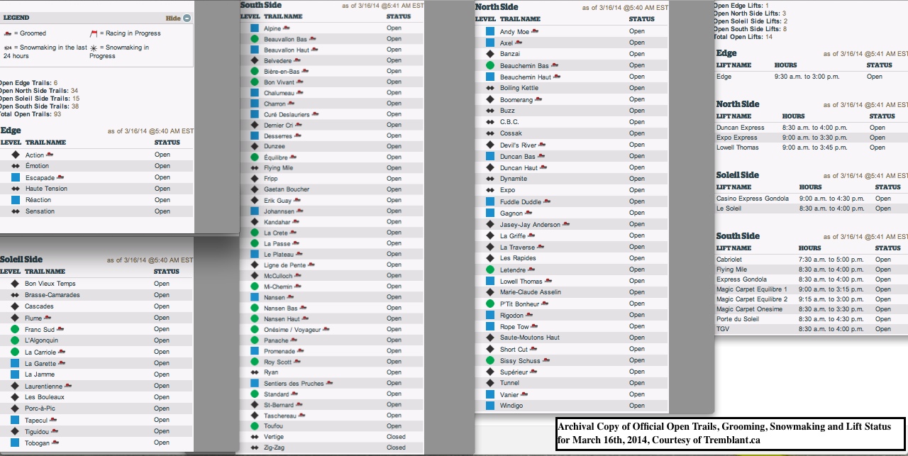 Archival Copy of Official Open Trails, Grooming, Snowmaking and Lift Status for March 16th, 2014, Courtesy of Tremblant.ca