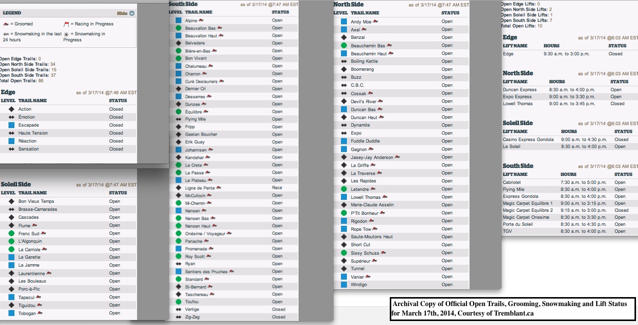 Archival Copy of Official Open Trails, Grooming, Snowmaking and Lift Status for March 17th, 2014, Courtesy of Tremblant.ca