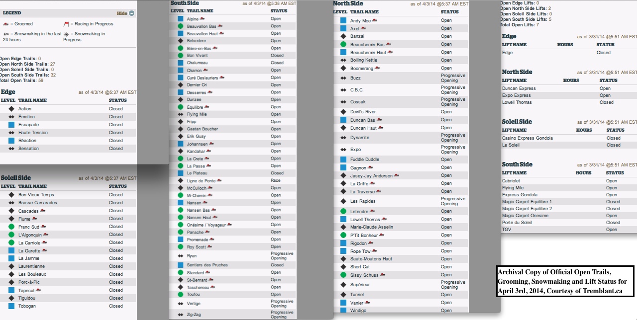 Archival Copy of Official Open Trails, Grooming, Snowmaking and Lift Status for April 3rd, 2014, Courtesy of Tremblant.ca