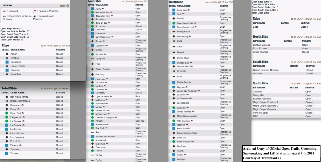 Archival Copy of Official Open Trails, Grooming, Snowmaking and Lift Status for April 4th, 2014, Courtesy of Tremblant.ca