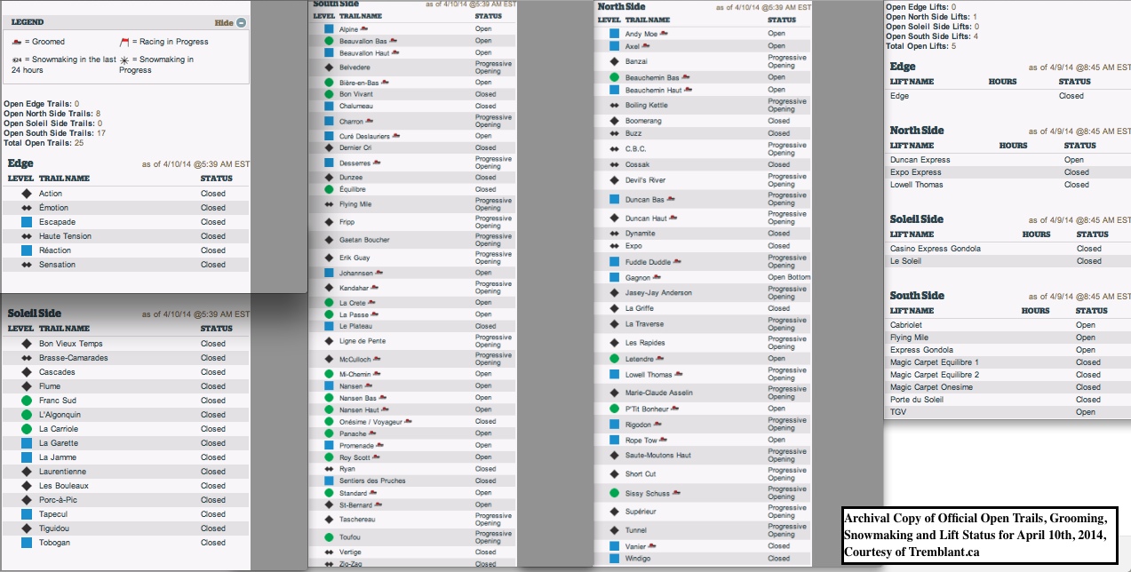 Archival Copy of Official Open Trails, Grooming, Snowmaking and Lift Status for April 10th, 2014, Courtesy of Tremblant.ca