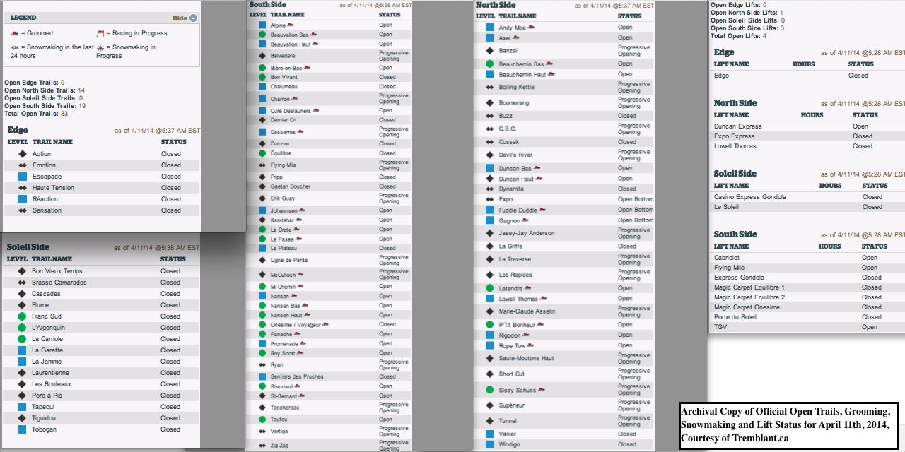 Archival Copy of Official Open Trails, Grooming, Snowmaking and Lift Status for April 11th, 2014, Courtesy of Tremblant.ca