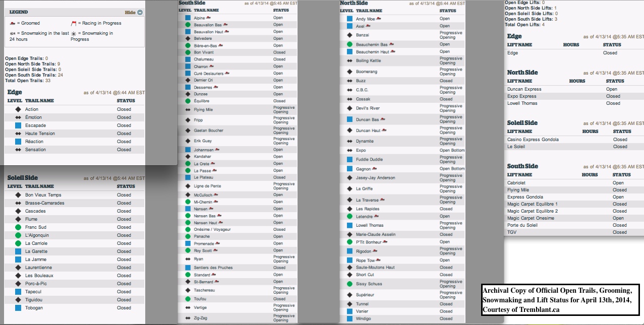 Archival Copy of Official Open Trails, Grooming, Snowmaking and Lift Status for April 13th, 2014, Courtesy of Tremblant.ca
