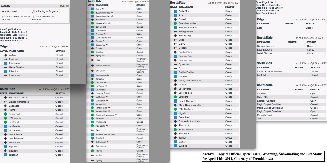 Archival Copy of Official Open Trails, Grooming, Snowmaking and Lift Status for April 14th, 2014, Courtesy of Tremblant.ca