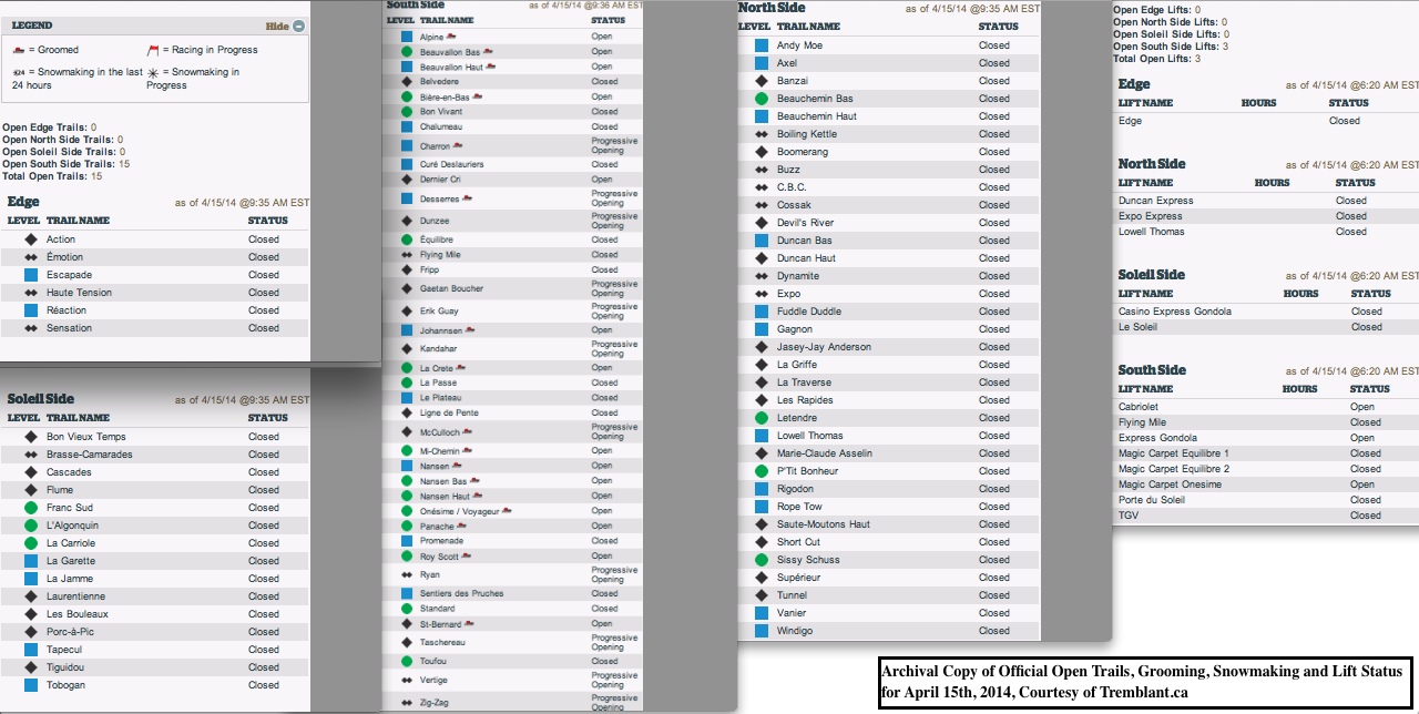 Archival Copy of Official Open Trails, Grooming, Snowmaking and Lift Status for April 15th, 2014, Courtesy of Tremblant.ca