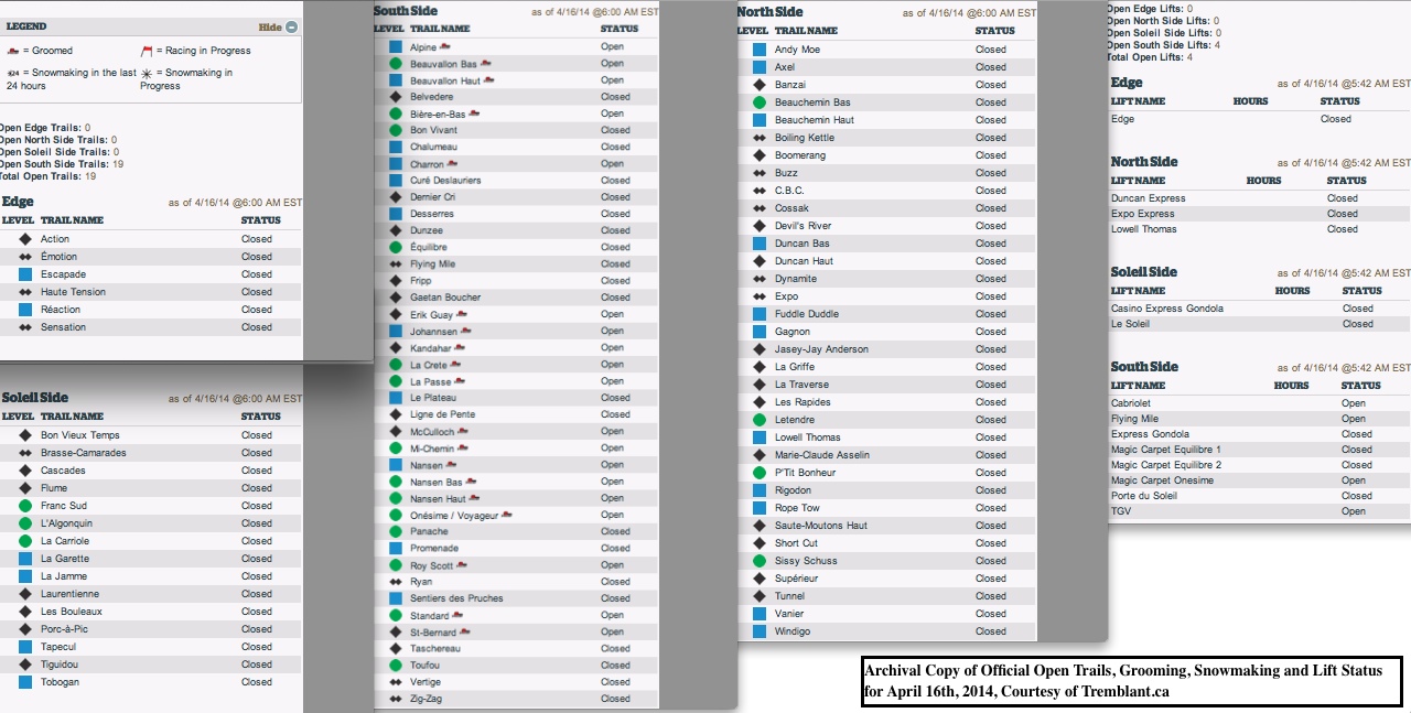 Archival Copy of Official Open Trails, Grooming, Snowmaking and Lift Status for April 16th, 2014, Courtesy of Tremblant.ca