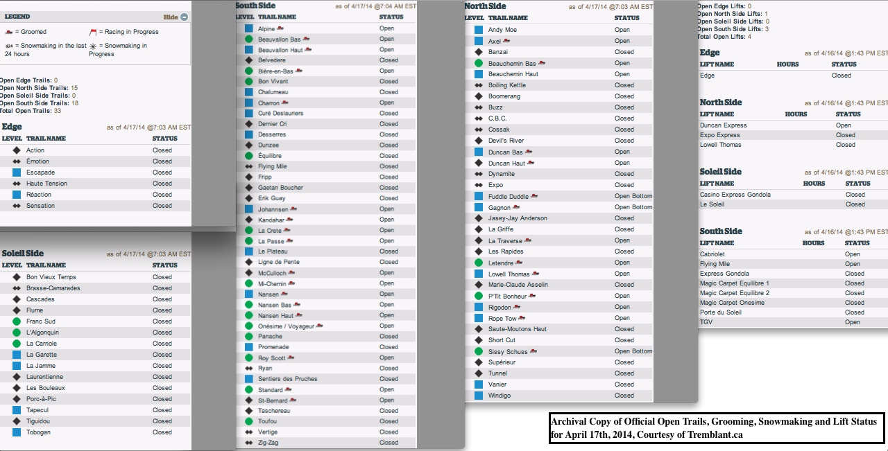 Archival Copy of Official Open Trails, Grooming, Snowmaking and Lift Status for April 17th, 2014, Courtesy of Tremblant.ca
