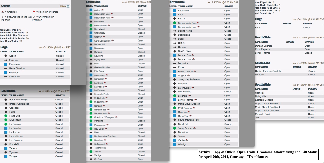 Archival Copy of Official Open Trails, Grooming, Snowmaking and Lift Status for April 20th, 2014, Courtesy of Tremblant.ca