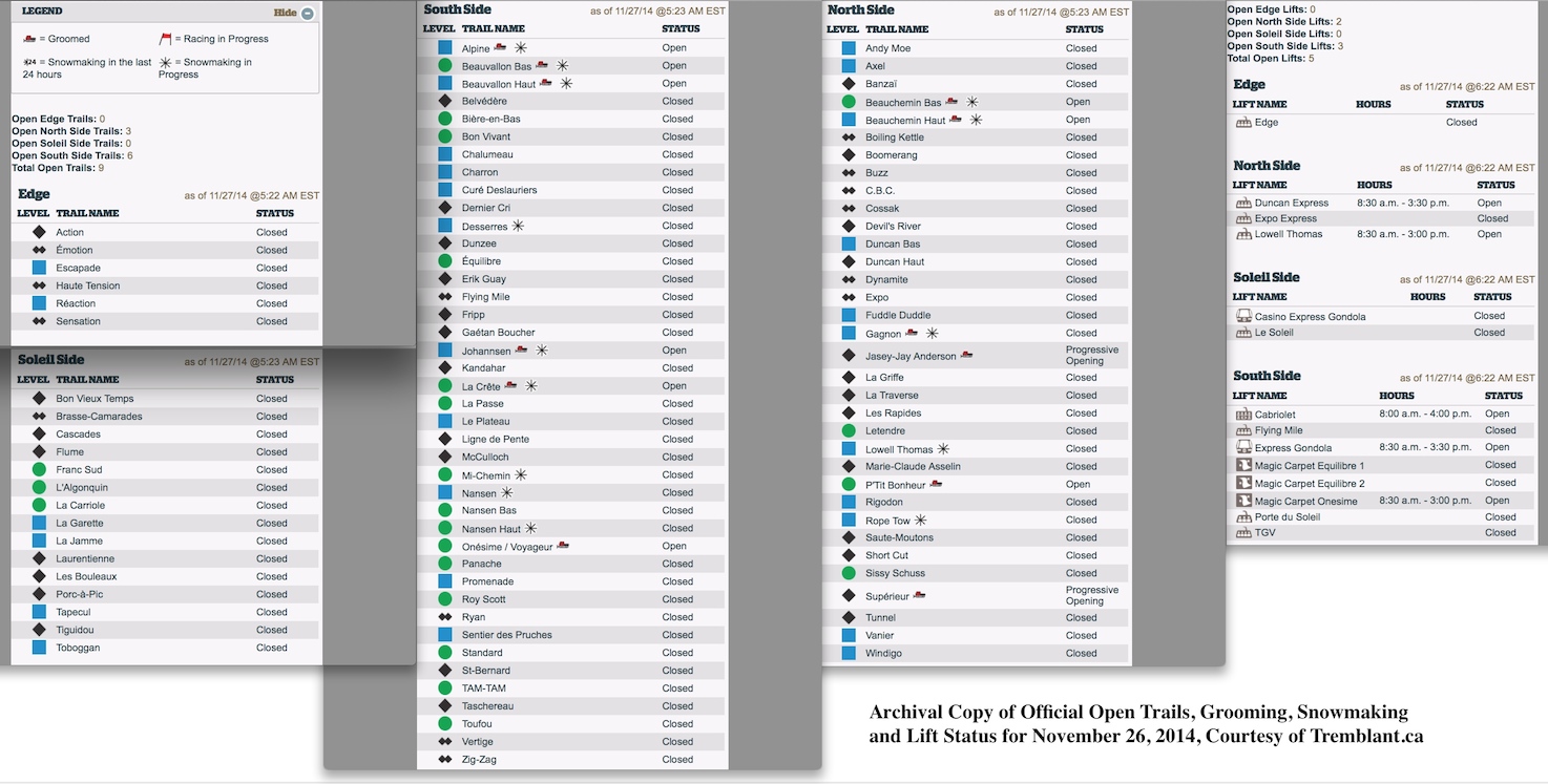 Archival Copy of Official Open Trails, Grooming, Snowmaking <br />and Lift Status for November 27, 2014, Courtesy of Tremblant.ca