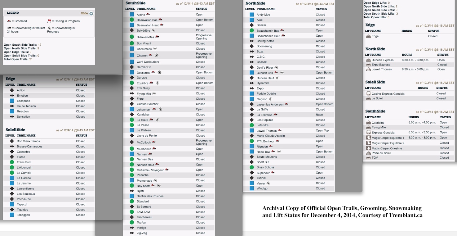 Archival Copy of Official Open Trails, Grooming, Snowmaking and Lift Status for December 4, 2014, Courtesy of Tremblant.ca