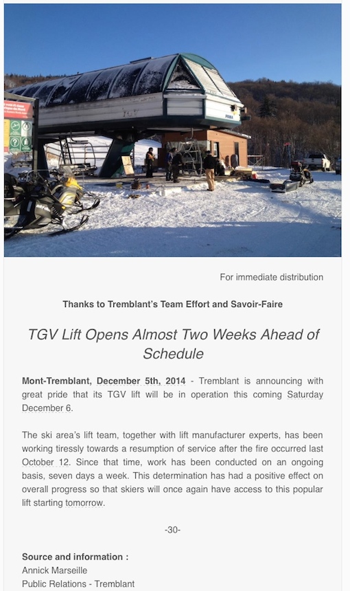 Official Tremblant.ca Press Release for immediate distribution.