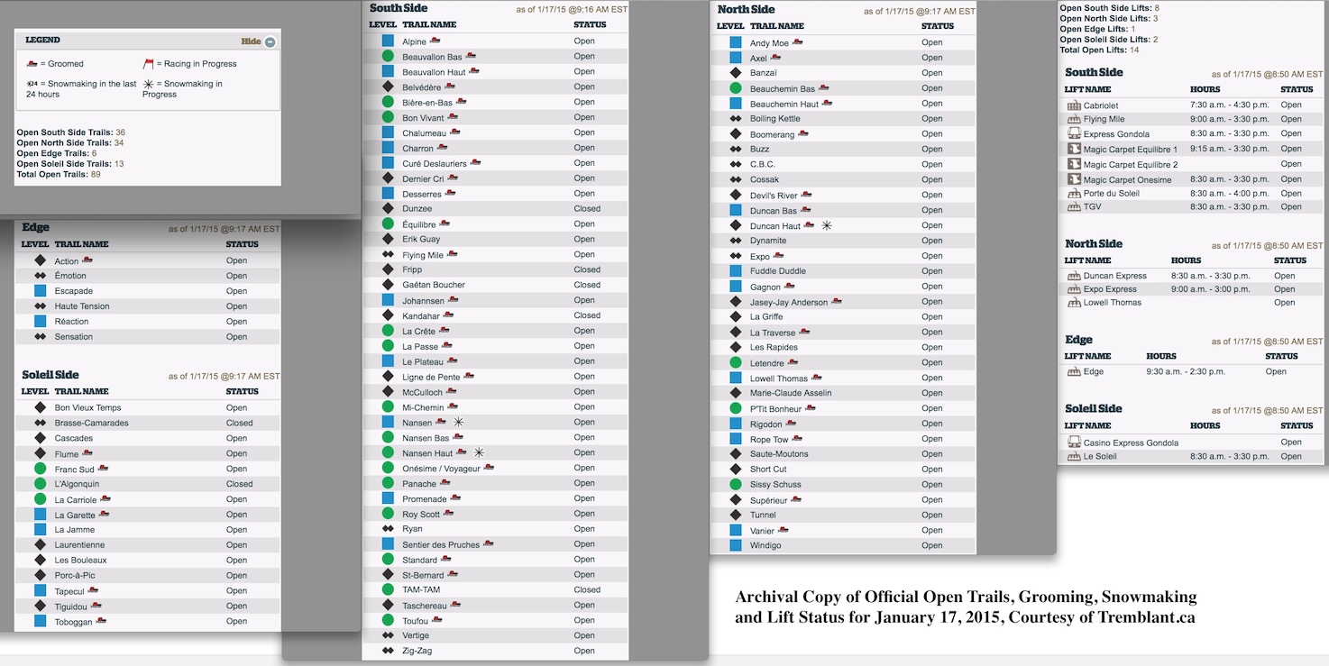 Archival Copy of Official Open Trails, Grooming, Snowmaking and Lift Status for January 17, 2015, Courtesy of Tremblant.ca