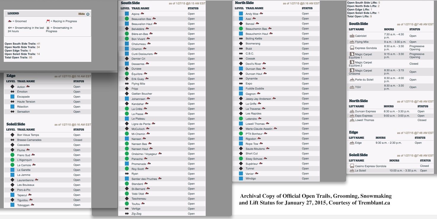 Archival Copy of Official Open Trails, Grooming, Snowmaking and Lift Status for January 27, 2015, Courtesy of Tremblant.ca
