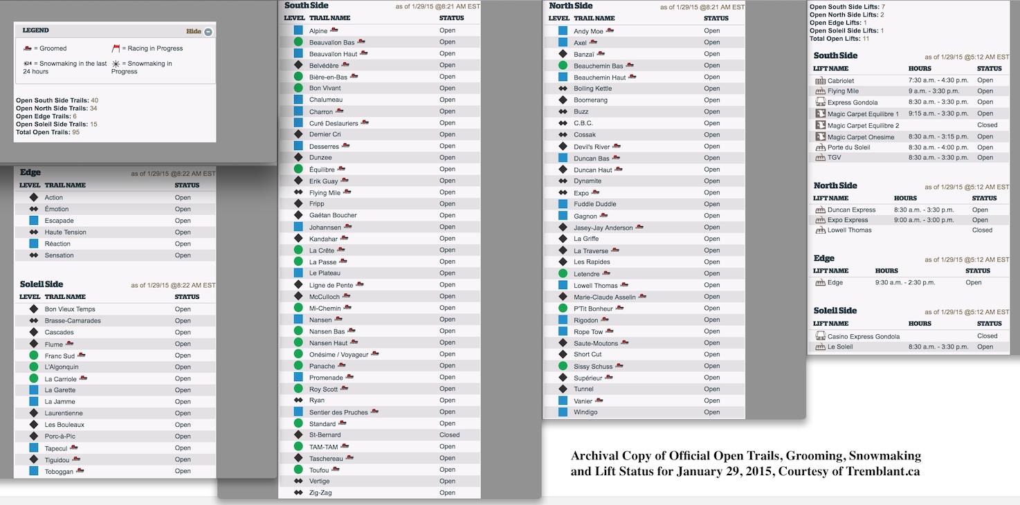 Archival Copy of Official Open Trails, Grooming, Snowmaking and Lift Status for January 29, 2015, Courtesy of Tremblant.ca