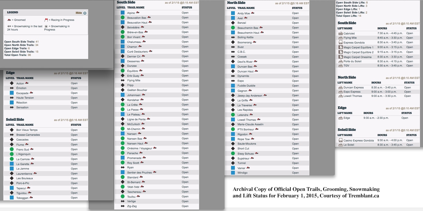 Archival Copy of Official Open Trails, Grooming, Snowmaking and Lift Status for February 1, 2015, Courtesy of Tremblant.ca