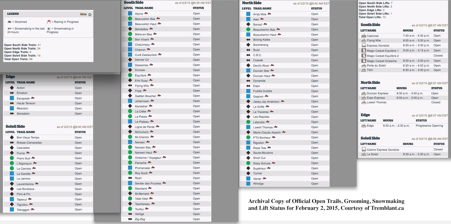 Archival Copy of Official Open Trails, Grooming, Snowmaking and Lift Status for February 2, 2015, Courtesy of Tremblant.ca