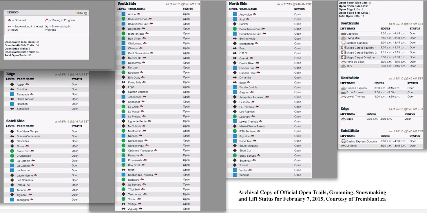 Archival Copy of Official Open Trails, Grooming, Snowmaking and Lift Status for February 7, 2015, Courtesy of Tremblant.ca