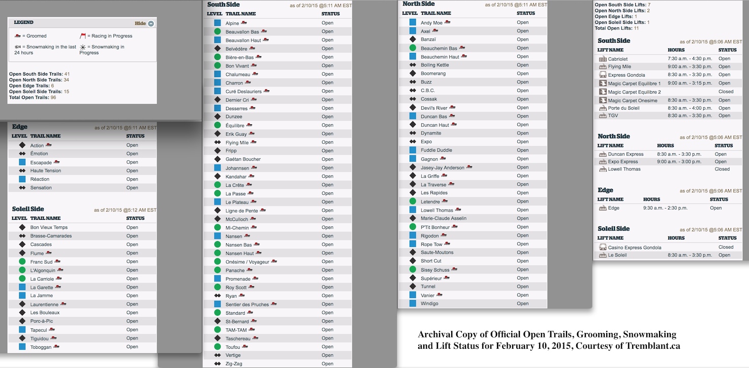 Archival Copy of Official Open Trails, Grooming, Snowmaking and Lift Status for February 10, 2015, Courtesy of Tremblant.ca