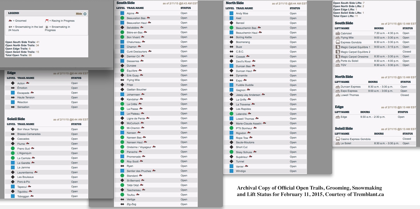 Archival Copy of Official Open Trails, Grooming, Snowmaking and Lift Status for February 11, 2015, Courtesy of Tremblant.ca