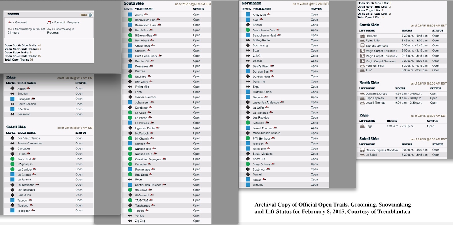 Archival Copy of Official Open Trails, Grooming, Snowmaking and Lift Status for February 12, 2015, Courtesy of Tremblant.ca