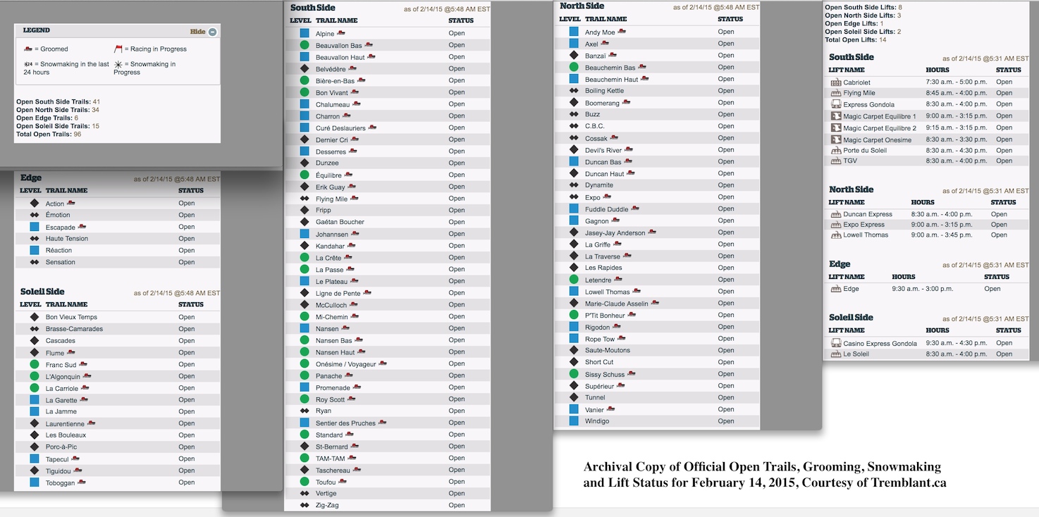 Archival Copy of Official Open Trails, Grooming, Snowmaking and Lift Status for February 14, 2015, Courtesy of Tremblant.ca