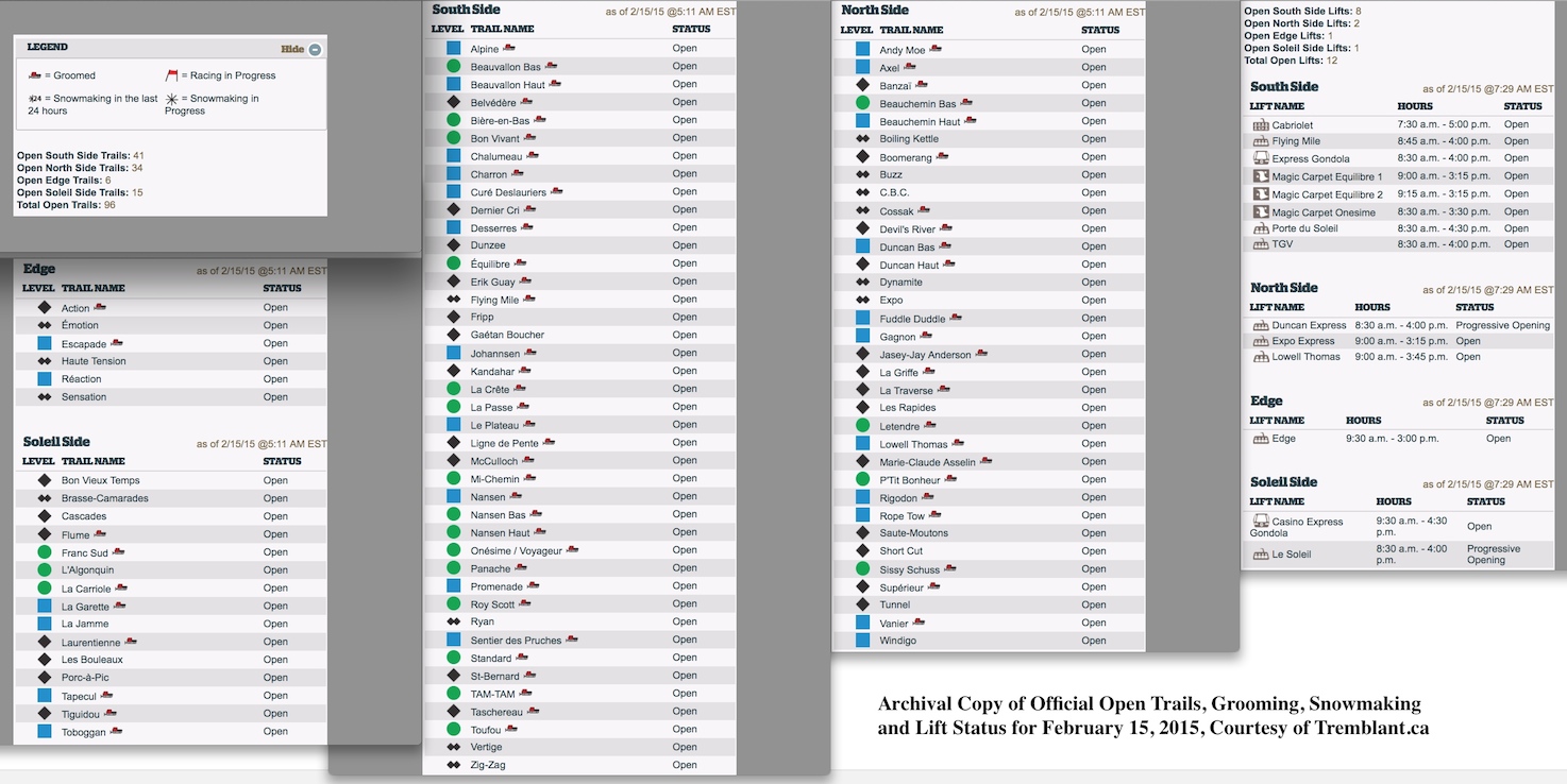 Archival Copy of Official Open Trails, Grooming, Snowmaking and Lift Status for February 15, 2015, Courtesy of Tremblant.ca