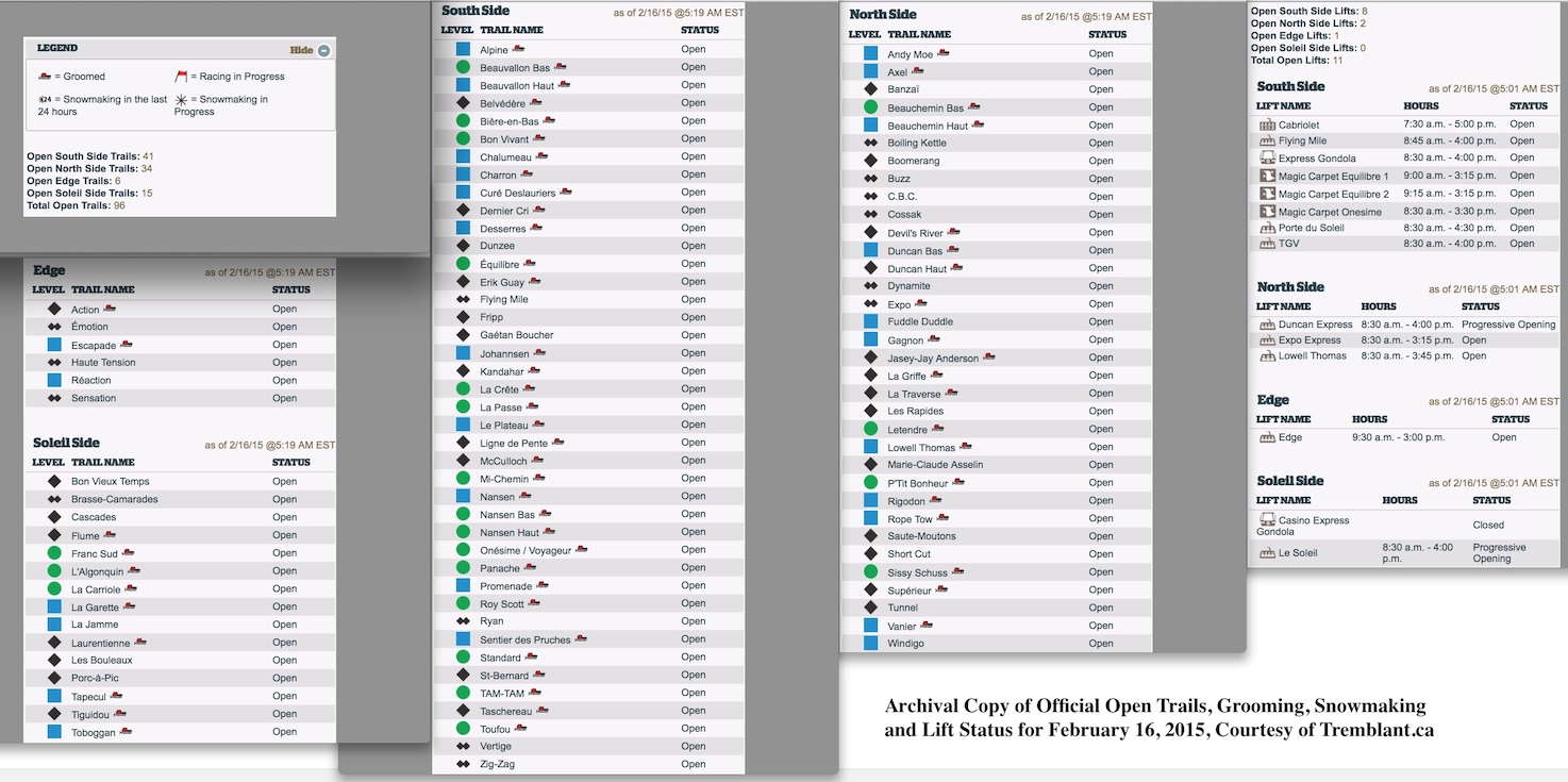 Archival Copy of Official Open Trails, Grooming, Snowmaking and Lift Status for February 17, 2015, Courtesy of Tremblant.ca