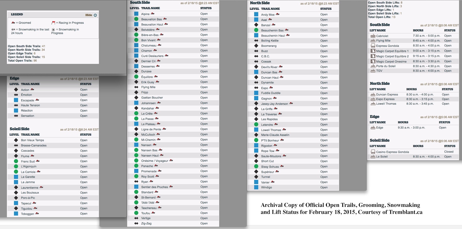Archival Copy of Official Open Trails, Grooming, Snowmaking and Lift Status for February 18, 2015, Courtesy of Tremblant.ca