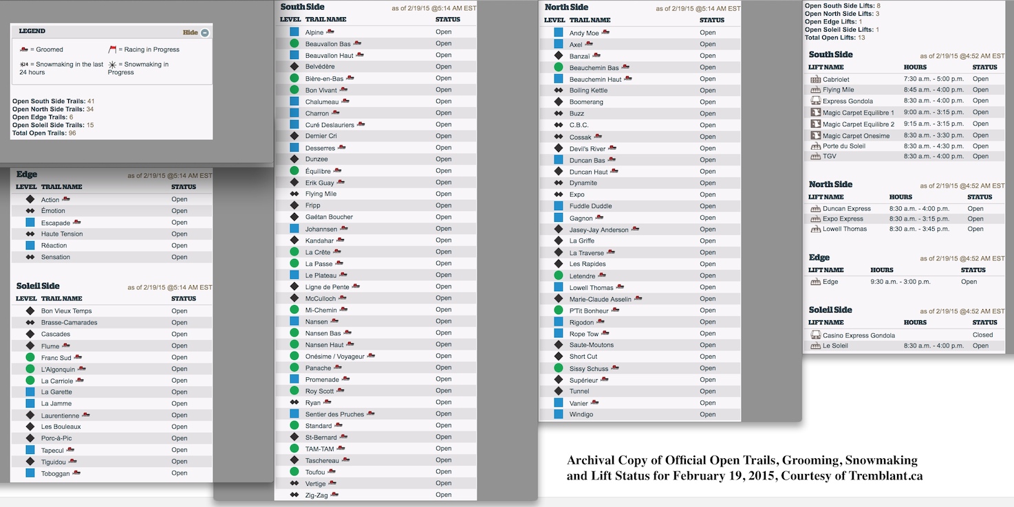 Archival Copy of Official Open Trails, Grooming, Snowmaking and Lift Status for February 19, 2015, Courtesy of Tremblant.ca