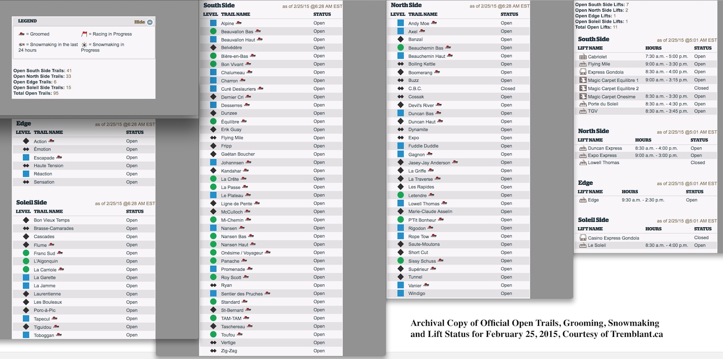 Archival Copy of Official Open Trails, Grooming, Snowmaking and Lift Status for February 25, 2015, Courtesy of Tremblant.ca
