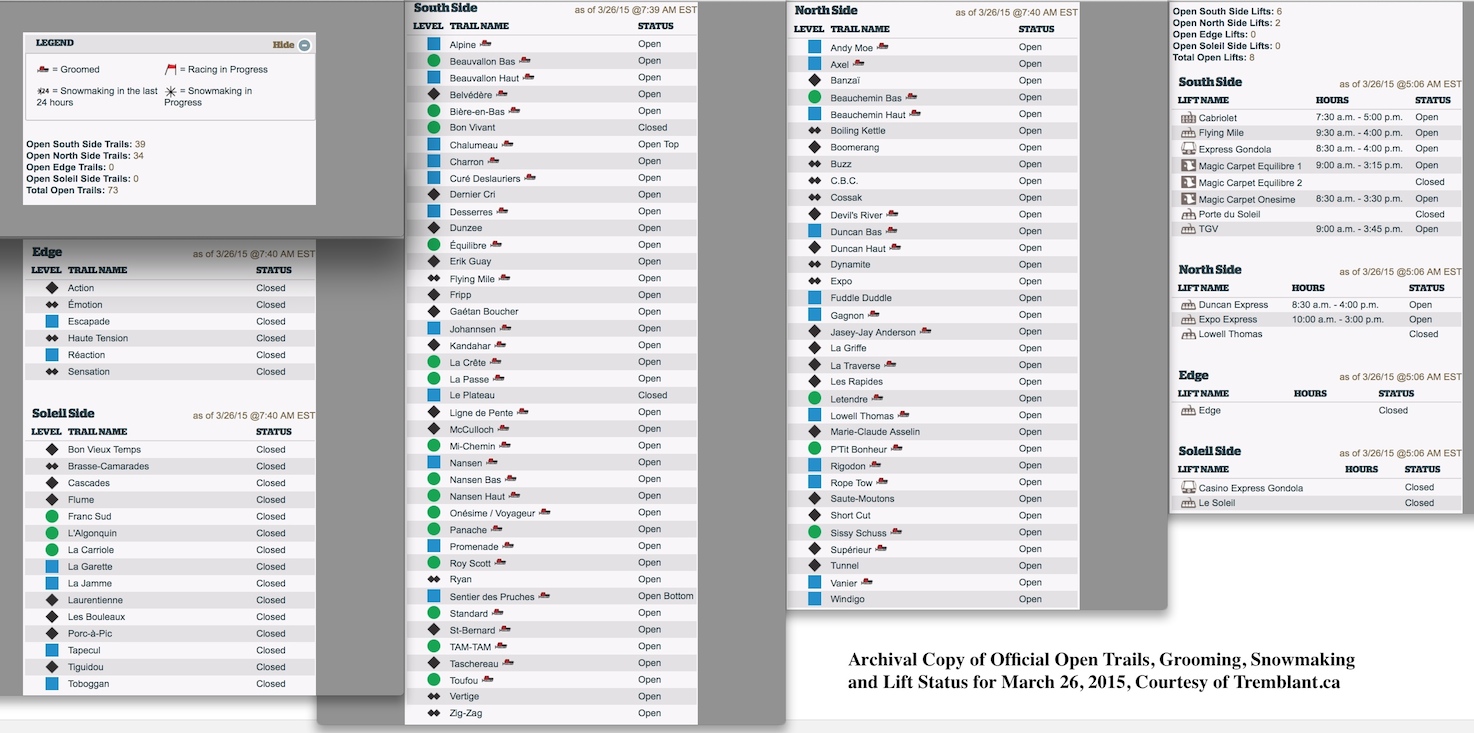 Archival Copy of Official Open Trails, Grooming, Snowmaking and Lift Status for March 26, 2015, Courtesy of Tremblant.ca